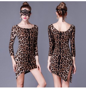 Leopard printed middle long sleeves side split women's ladies female competition performance latin samba salsa cha cha dance dresses